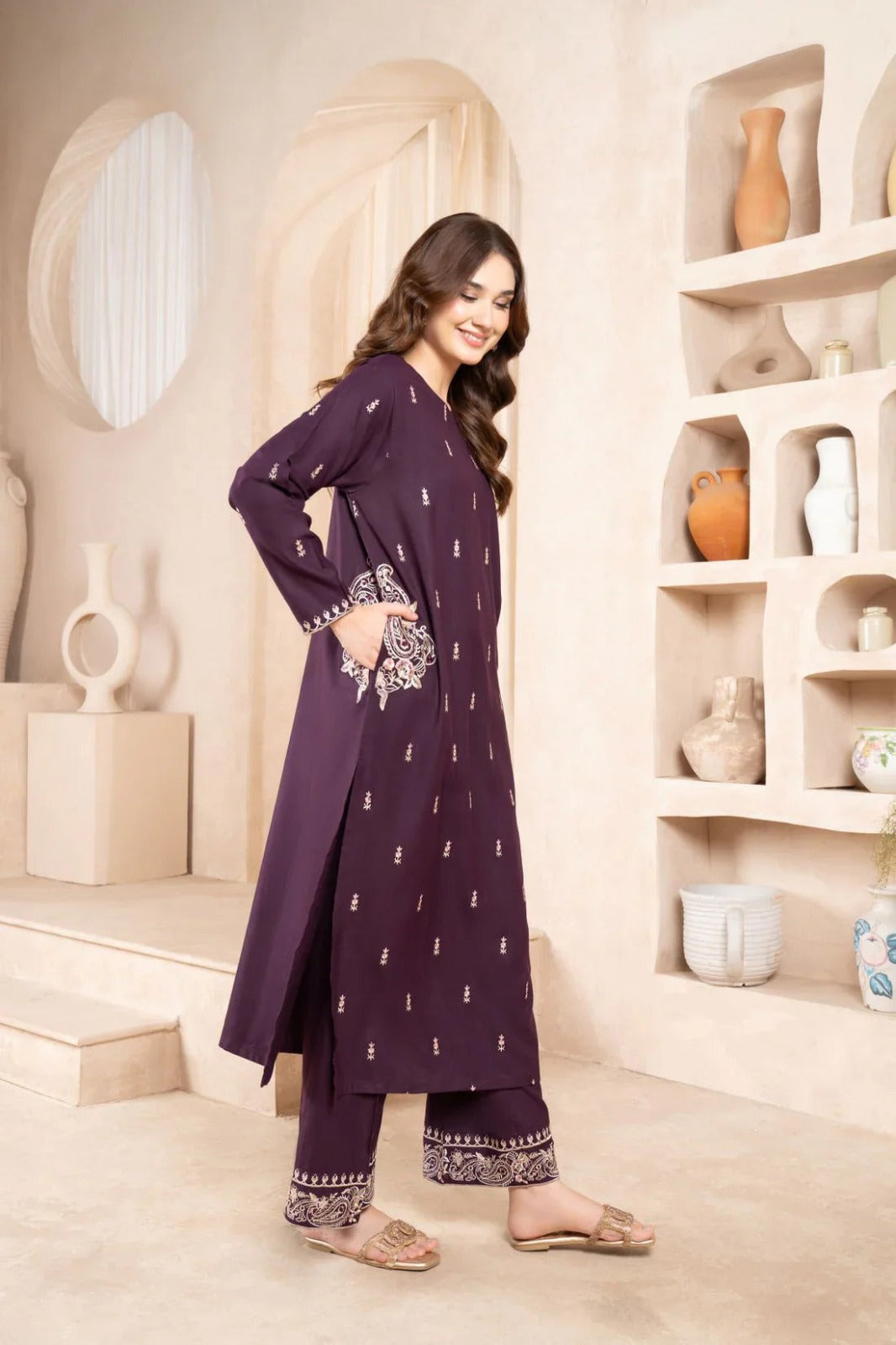 NAAZ LONG LENGHT (PURPLE)  EMBROIDERY DOUBLE POCKET