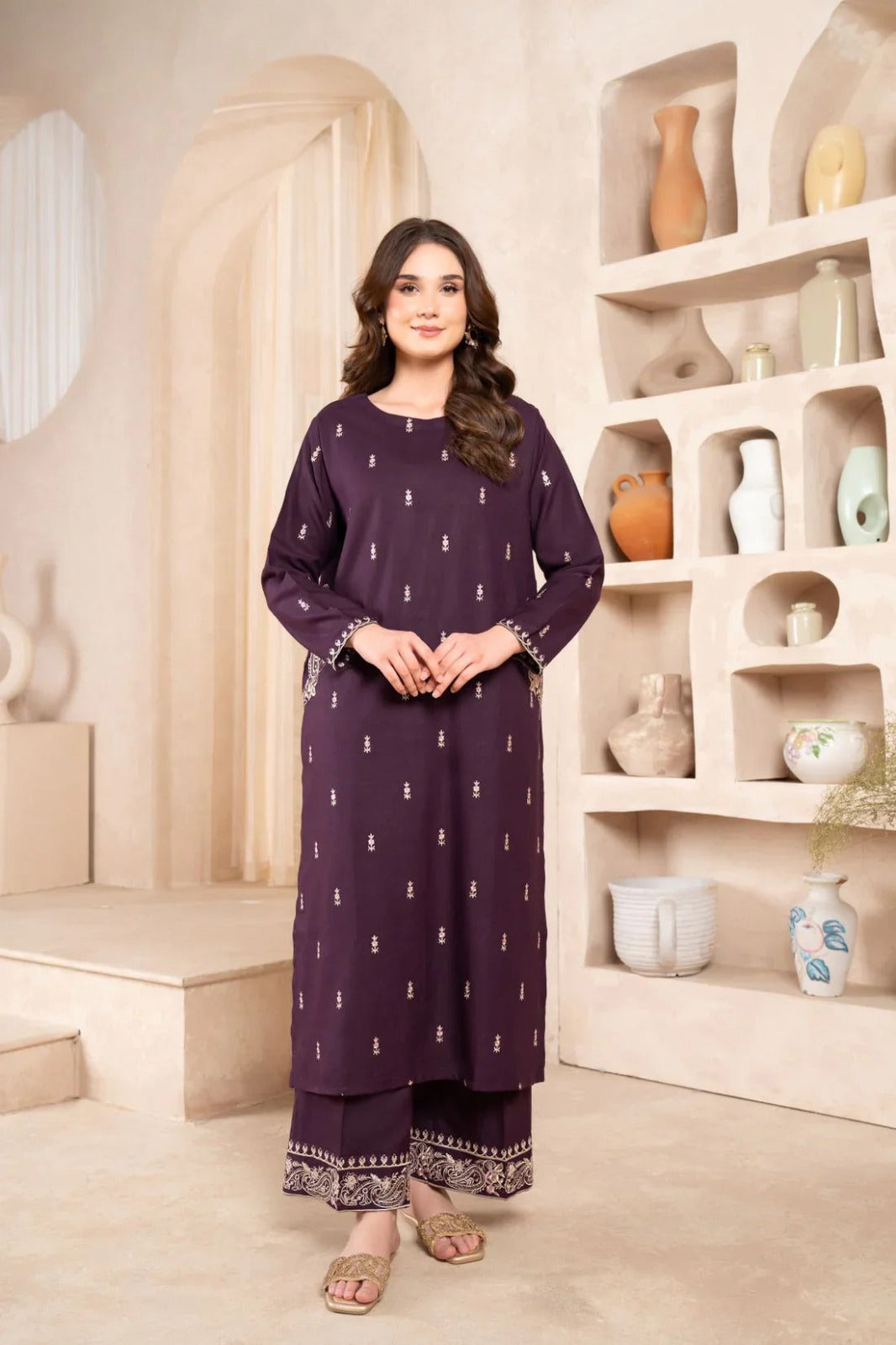 NAAZ LONG LENGHT (PURPLE)  EMBROIDERY DOUBLE POCKET